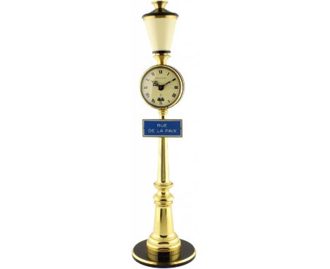 A GILT METAL & BLACK LACQUERED 8 DAY ALARM JAEGER LECOULTRE RUE DE LA PAIX STREET LAMP DESK CLOCK CIRCA 1960s Movement: Manua