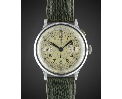 A GENTLEMAN'S LARGE SIZE CHROME PLATED NICELY SINGLE BUTTON CHRONOGRAPH WRIST WATCH CIRCA 1940Movement: Manual wind.Case: Dia