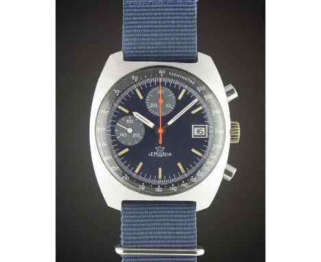 A GENTLEMAN'S CHROME PLATED LEMANIA CHRONOGRAPH WRIST WATCH CIRCA 1980s, REF. 12001 ISSUED TO AN EMPLOYEE OF THE BBC (BRITISH