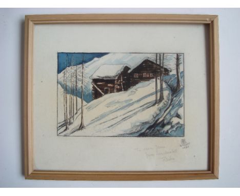 Early 20th Century winter Alpine landscape under snow with chalets, crayon and watercolour, monogrammed E B R Zermatt 1935, w