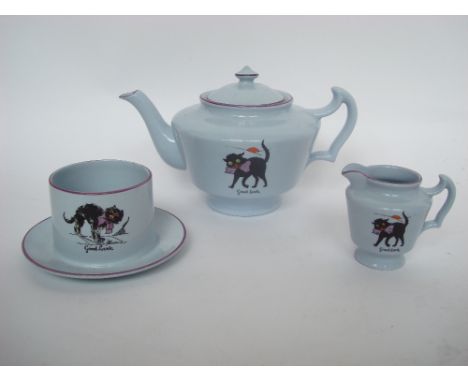 An Arcadian blue china three piece tea service, each piece decorated with a good luck black cat. 