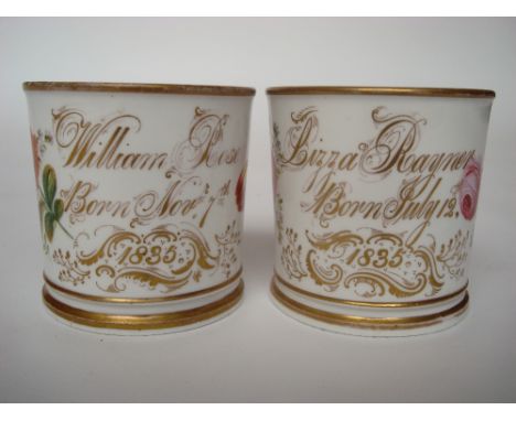 An early 19th Century Coalport christening mug, of cylindrical form with interwoven loop handles decorated in bright colour e