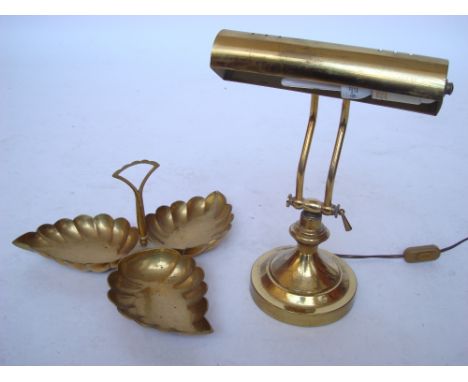 A gilt brass desk lamp and an Indian brass three section leaf hors d'oeuvres dish (2). 