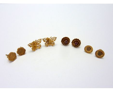 FOUR PAIRS OF EARRINGS, to include a pair of ruby earrings, some butterfly shape earrings, with two further pairs of earrings