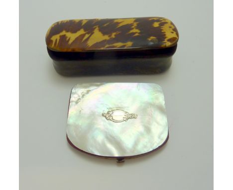 A TORTOISESHELL SNUFF BOX, and a mother of pearl purse