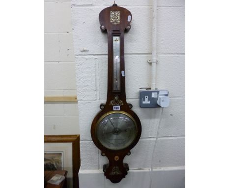 A 19TH CENTURY ROSEWOOD BAROMETER, with mother of pearl inlay marked Dilger Wolverhampton (paper labels)