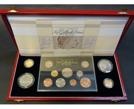 THE GILLICK PORTRAIT COLLECTION OF 13 COINS, to include 1957, 1968 sovereigns and two Crowns to Farthing cased