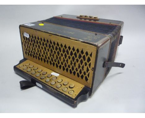 A HOHNER ACCORDION, early 20th Century, having wood body construction with stencilled decoration, twenty one button keys with