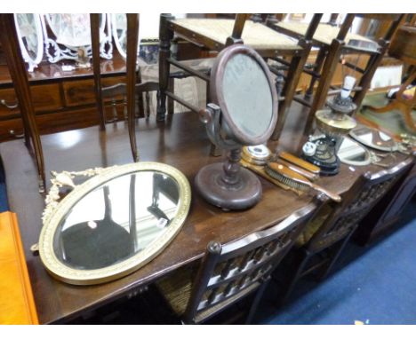 A GILT FRAMED WALL MIRROR, pair of brass framed mirrored wall sconces, Victorian oil lamp (converted) etc (s.d.) (6)