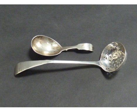 A SCOTTISH SILVER SUGAR SIFTER, and a silver caddy spoon (2)