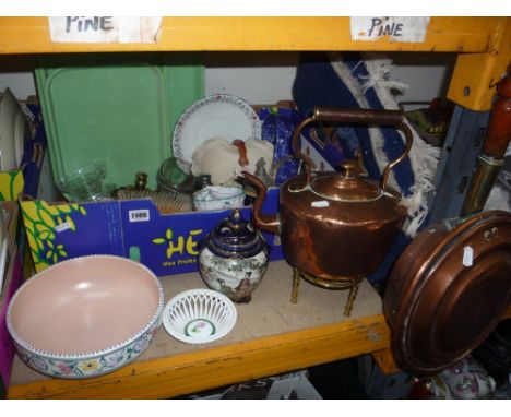 A BOX AND LOOSE CERAMICS, METALWARES, RUNNER, etc, to include warming pan, kettle, Poole bowl, oriental lidded pot etc