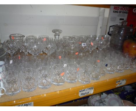 A QUANTITY OF CUT GLASSES, DECANTER, JUG, etc