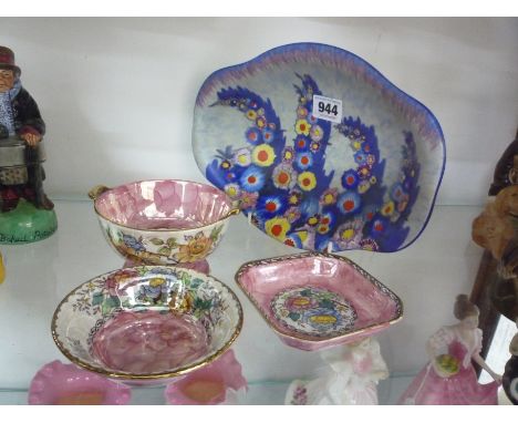 A CARLTONWARE OVAL DISH, No.3412 and three pieces of Maling lustre 'Rosine' and 'Peony Rose' patterns (4)
