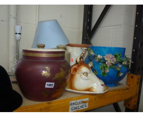 VARIOUS JARDINIERES, LAMP, STONEWARE WATER BOTTLES, etc