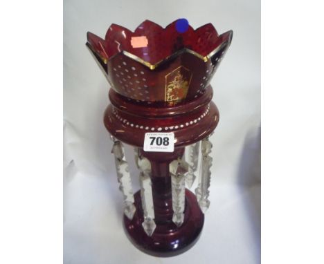 A RUBY COLOURED GLASS LUSTRE, painted decoration, with glass droppers, height 34.5cm (s.d.)