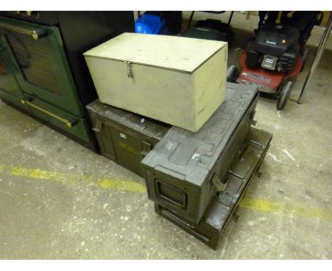 THREE METAL AMMUNITION CRATES, of different sizes and a wooden box (4)