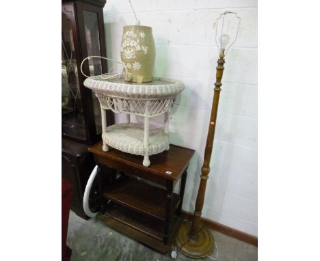 A MAHOGANY TEA TROLLEY, wicker coffee table, standard lamp, a mirror etc (5)