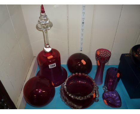 VARIOUS RUBY COLOURED GLASS, to include Victorian glass bell, height approximately 31cm, vases etc (8)