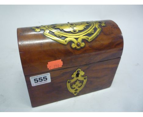 A VICTORIAN WALNUT DOMED TEA CADDY, mounted brass decoration