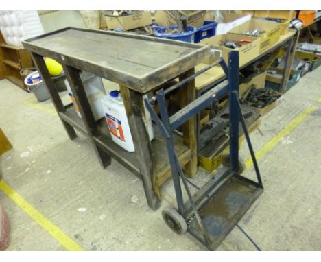 A WOODEN WORK BENCH, and trolley (2)