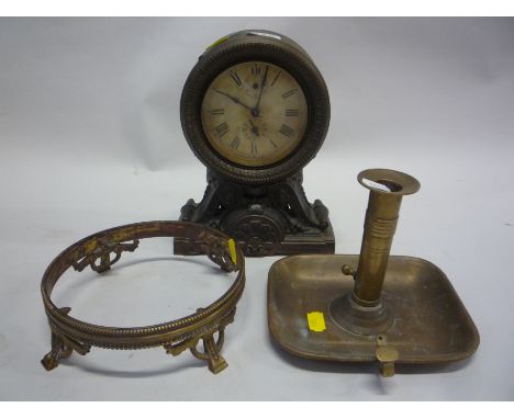 AN AMERICAN CAST BRASS AND PATINATED SPELTER MANTEL CLOCK, of neoclassical French style, together with a brass ejector chambe