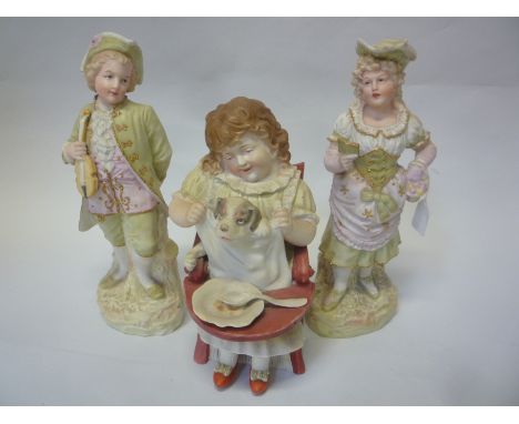 A PAIR OF CONTINENTAL BISQUE FIGURES, musician and companion and another, figure group Child with Dog (3)
