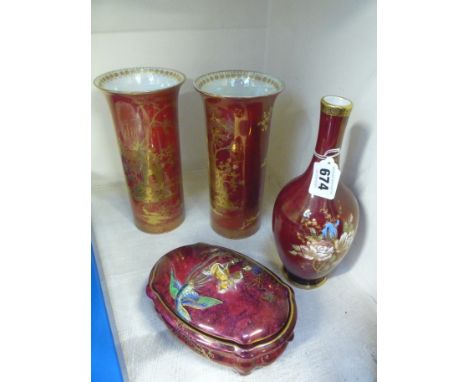 A PAIR OF CARLTONWARE RED LUSTRE SLEEVE VASES, a Crown Devon Lustre vase and a Wilton Ware Lustre lidded dish (4)