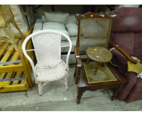 A MAHOGANY COMMODE CHAIR, wicker chair etc (3)