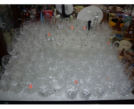 A QANTITY OF CUT GLASSES, DECANTER AND JUG