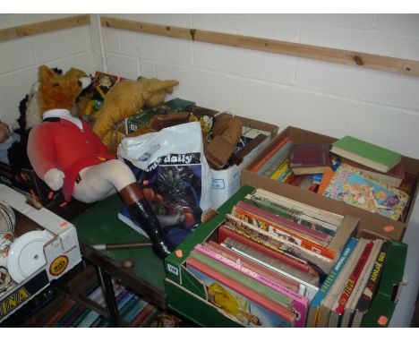 FOUR BOXES AND LOOSE SOFT TOYS, (Merrythought, Chiltern etc), books, games etc