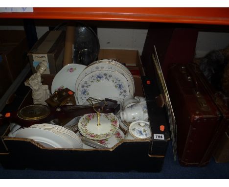 TWO BOXES AND LOOSE CERAMICS, PEWTER, RECORDS, BAROMETER, TYPEWRITER, DIECAST CARS, VIEWMASTER, etc