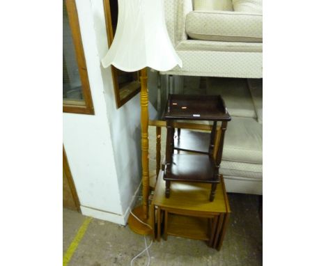 A MODERN NEST OF THREE TABLES, standard lamp with shade, bedside table and a mirror (4)