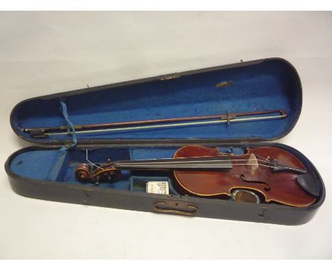 A GERMAN VIOLIN, circa 1900, the two piece back of straight curl with similar wood to the sides, dark reddish brown, with ebo