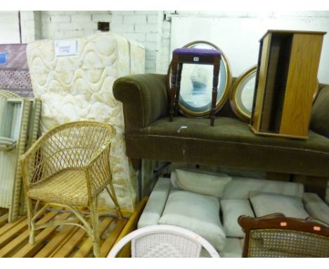 A MAHOGANY STOOL, two various pictures, a spinning CD rack and a wicker armchair (5)