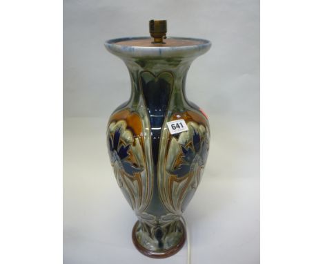 A ROYAL DOULTON STONEWARE LAMP BASE, designed by Frank A. Butler, Art Nouveau style design, artists monogram to base, height 
