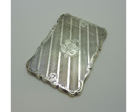 A VICTORIAN SILVER CARD CASE, Edward Smith, banded engine turned decoration, Birmingham 1857, approximately 66gms