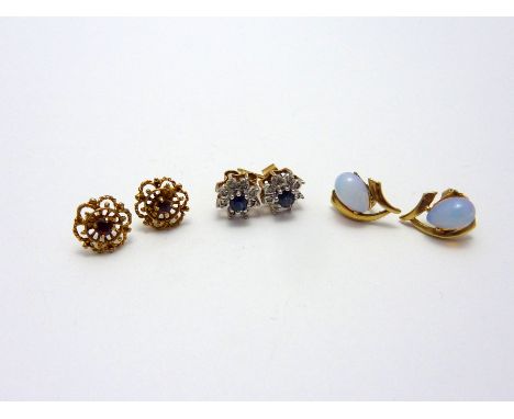 THREE PAIRS OF EARRINGS, to include a pair of sapphire and diamond earrings, a pair of garnet earrings together with a pair o