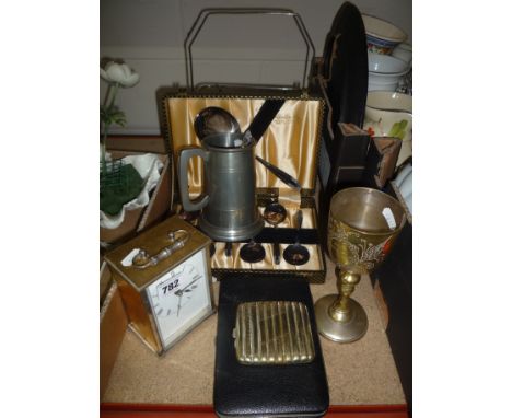 A CLOCK, CIGARETTE CASE, CASED SPOONS, etc (7)