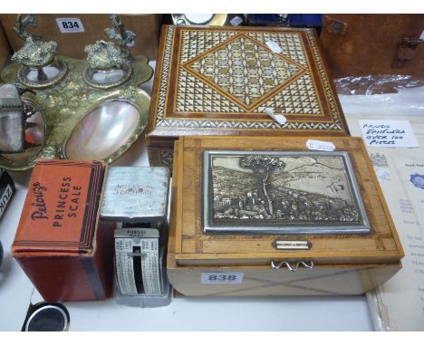 A CIGARETTE BOX, boxed postal Princess scale and an inlaid box (3)