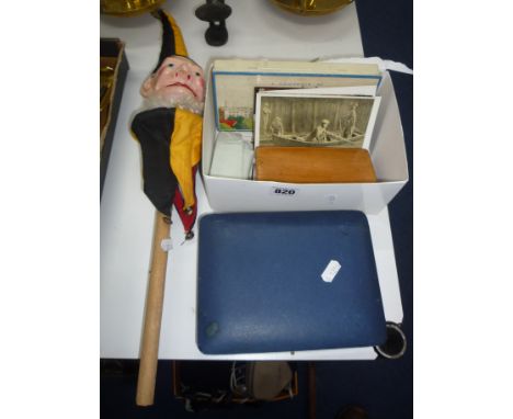VARIOUS SUNDRIES, Punch puppet, cased manicure set, postcards, tribal items etc