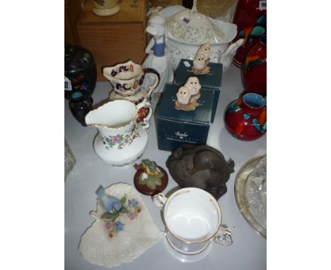 VARIOUS CERAMICS AND ORNAMENTS, to include Royal Albert 'Caroline' tureen, Nao figure, Border Fine Arts Owls, Masons jug etc
