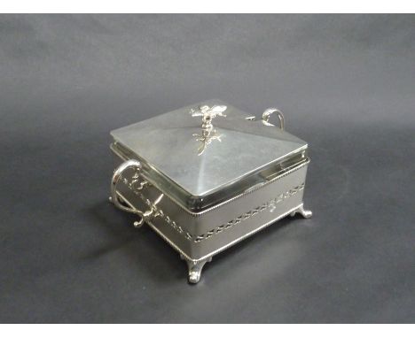 A PLATED HONEY DISH, with bee finial