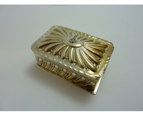 A VICTORIAN SILVER AND TURQUOISE MOUNTED TRINKET BOX, Joseph Braham, Wrythen decoration, London 1891, approximately 64gms