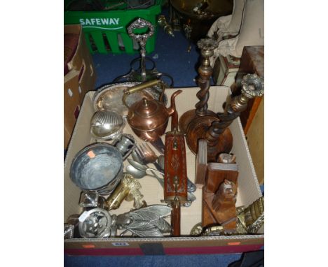 A BOX AND LOOSE METALWARE, WOODEN ITEMS, etc, to include plated trefoil decanter stand