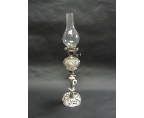 A VICTORIAN PEG LAMP, on a Sheffield plate candlestick