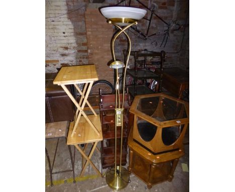 A BRASS STANDARD LAMP, and a small mahogany bookcase with two drawers