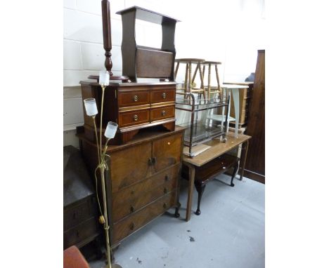 A MAHOGANY COFFEE TABLE, painted table, two stools, magazine rack, plant stand, brass standard lamp and a TV stand (8)