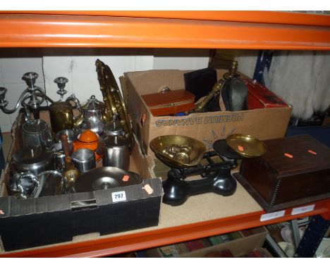 TWO BOXES AND LOOSE MISCELLANEOUS ITEMS, cameras, work boxes, scales, stainless steel etc