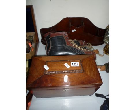 A MAHOGANY TEA CADDY, a minor, a pair of skates and wall shelf (5)