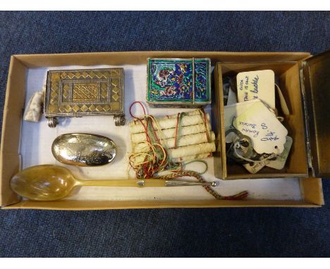 A TRAY OF MISCELLANEOUS ITEMS, to include a miniature carving and a large spoon, together with a Chinese enamel box etc